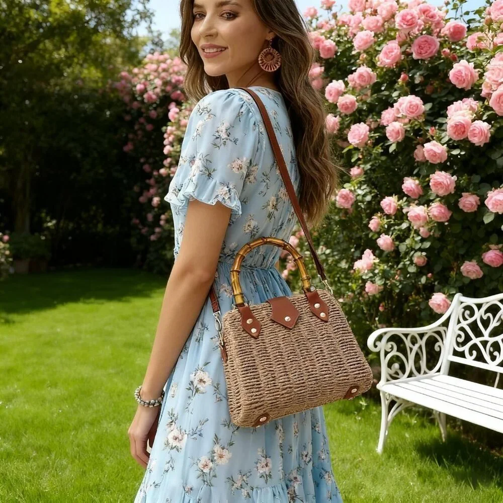 Woven Straw Crossbody Bag Women Summer Boho Beach Casual Handbag